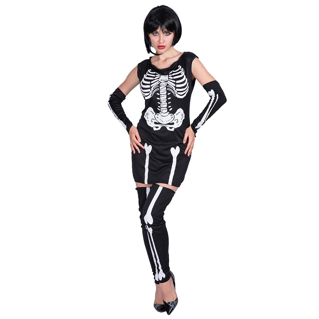 

Черная женщина Хэллоуин скелет страшные костюмы женский череп Косплей Карнавал Пурим парад ночной клуб бар ролевая игра искусственное платье