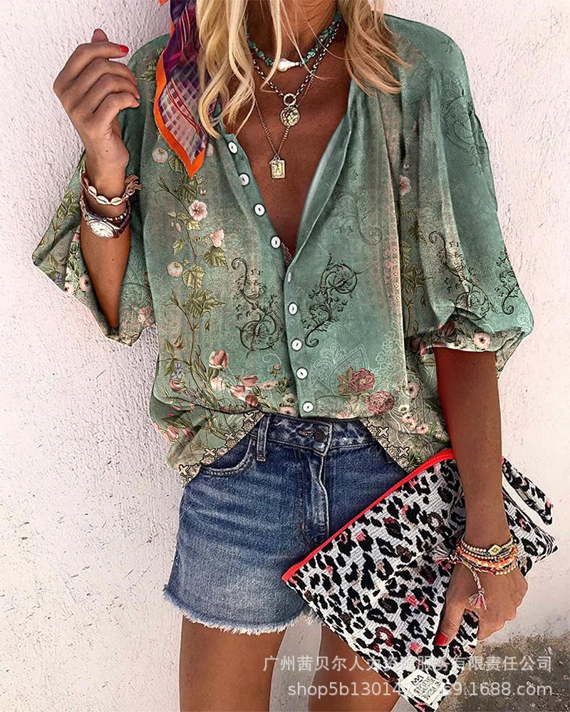 

Floral Tribal Print Buttoned Lantern Sleeve Top 2023 New Floral Women Tees Long Sleeve Shirts Loose Casual Tops Summer T-Shirts