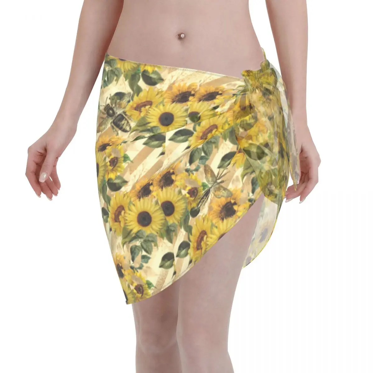 

Seamless Sunflower Bees Women Beach Bikini Cover Up Wrap Chiffon Swimwear Pareo Sarong Beachwear Casual Bikini Skirt Swimsuit