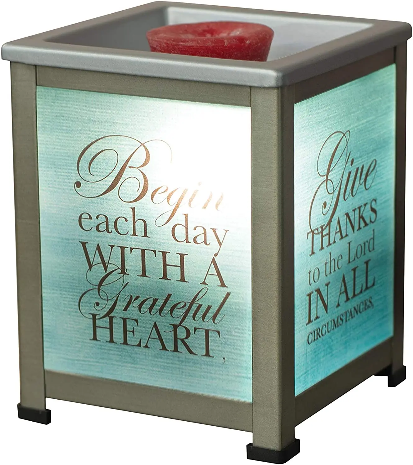 Begin Day with Grateful Heart Teal Silvertone Metal Electrical Wax Tart & Oil Glass Lantern Warmer
Begin Day with Grateful Heart Teal Silvertone Metal Electrical Wax Tart & Oil Glass Lantern Warmer