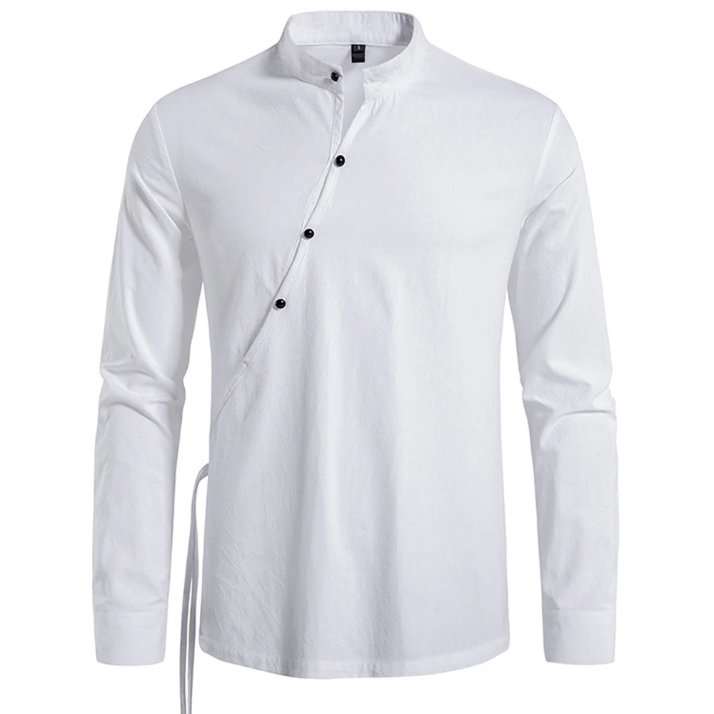 

Retro Oblique Placket Linen Polo Shirt Mans Top Tees Long Sleeve Khaki Black White Summer T Shirts For Man European Top Clothing