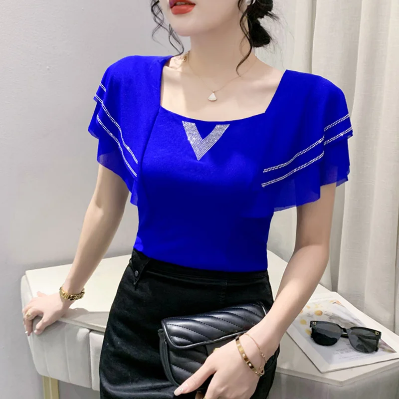 #6704 Black Blue Purple Mesh T Shirt Women Square Collar Slim Backless Skinny T-shirt Female Ruffles Sleeve Diamonds Office Tee
#6704 Black Blue Purple Mesh T Shirt Women Square Collar Slim Backless Skinny T-shirt Female Ruffles Sleeve Diamonds Office Tee