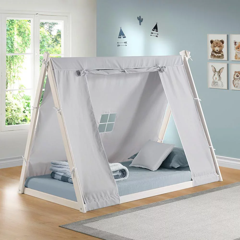 

OUZEY Tent Floor Bed - Twin, FSC Certified Wood, Washable Tent, White/Grey