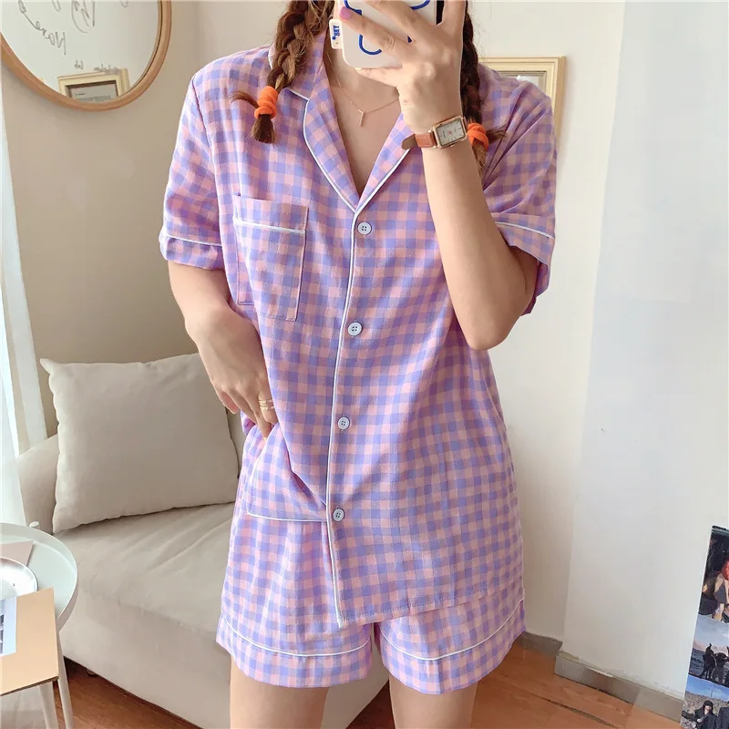 Summer Pajamas Women's Short-Sleeved Shorts Lapel Cardigan Korean Style Sweet Student Homewear Pairs Short Suit Purple Plaid
Summer Pajamas Women's Short-Sleeved Shorts Lapel Cardigan Korean Style Sweet Student Homewear Pairs Short Suit Purple Plaid