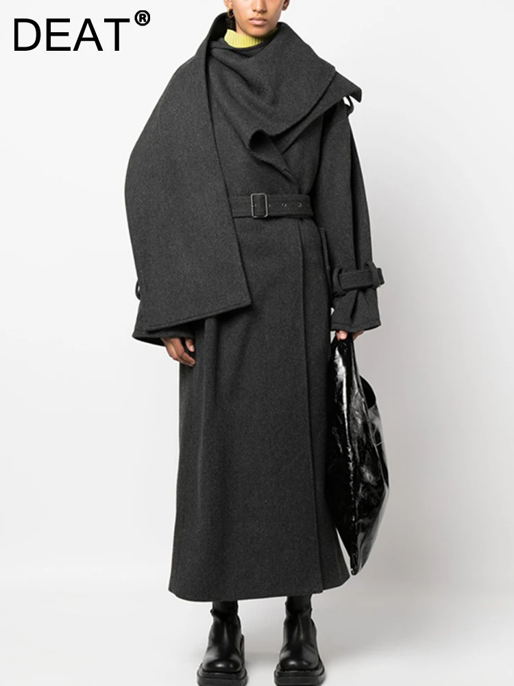

Женское шерстяное пальто с поясом и карманами DEAT, серое длинное плотное теплое пальто с поясом и разрезом на талии, новинка зимнего сезона 2023, 7AB1357
