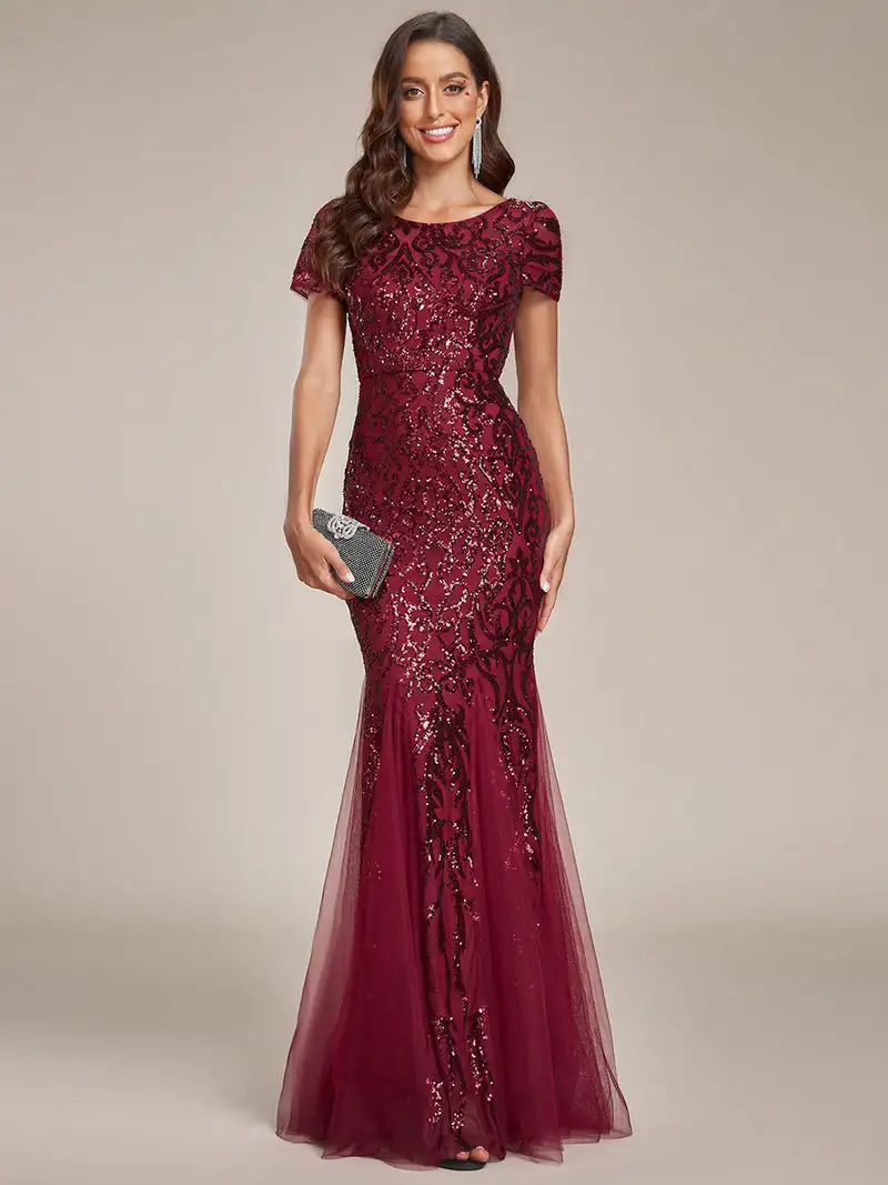 

Gorgeous Evening Dresses Round Neck Mermaid Sequin Mesh Hidden zipper 2023 Ever pretty of Shiny Burgundy Bridesmaid dress