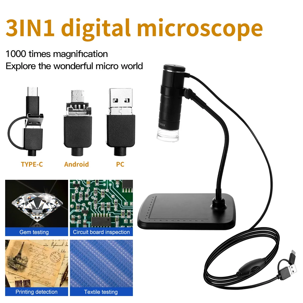Wireless Digital Microscope 1000X Portable Mini 3-in-1 USB Microscope HD Camera with LED Light Silicone Pad for Phone Detection
Wireless Digital Microscope 1000X Portable Mini 3-in-1 USB Microscope HD Camera with LED Light Silicone Pad for Phone Detection