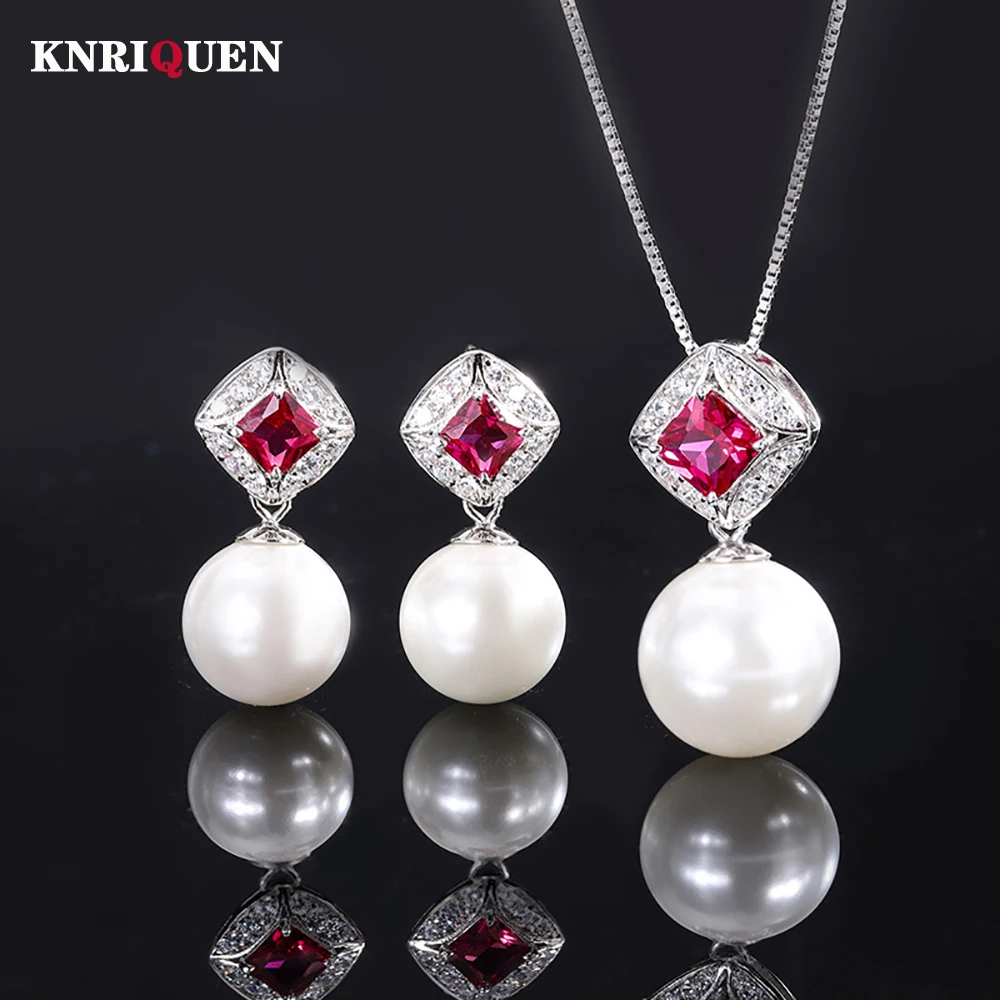 Genuine 100% 925 Real Silver 14mm Pearl Ruby Sapphire Pendant Necklace Drop Earrings Wedding Party Fine Jewelry Sets for Women
Genuine 100% 925 Real Silver 14mm Pearl Ruby Sapphire Pendant Necklace Drop Earrings Wedding Party Fine Jewelry Sets for Women