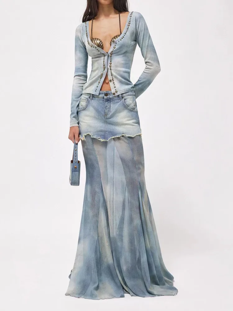 

Новинка весна-лето 2023, женская джинсовая полуюбка, женская модная джинсовая юбка с комбинированным дизайном, женские топы y2k