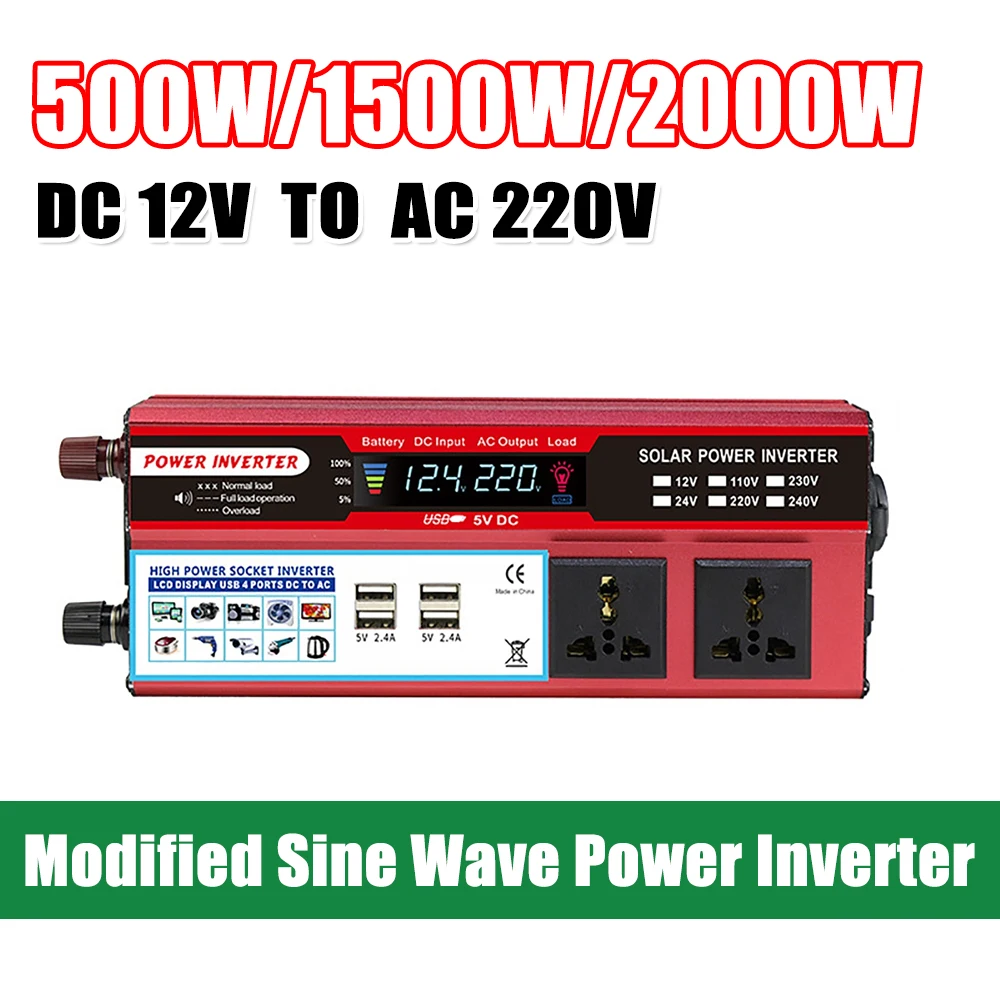 2000/1500/500W Modified Sine Wave Inverter Power Inverter Portable 4USB Car Charger DC 12V To AC 220V Power Converter
2000/1500/500W Modified Sine Wave Inverter Power Inverter Portable 4USB Car Charger DC 12V To AC 220V Power Converter