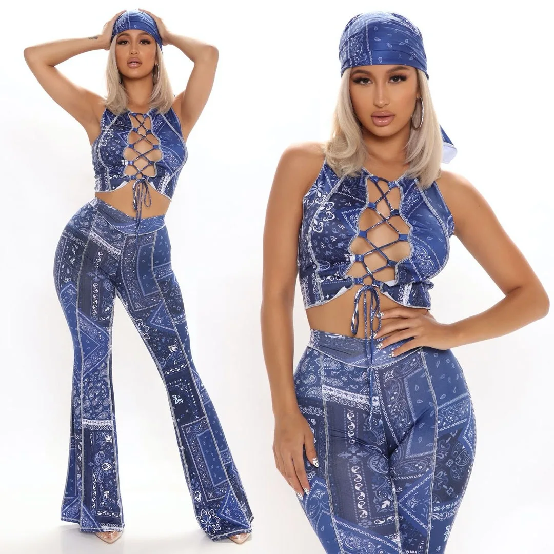 Summer 2022 3 Piece Pant Outfit with Hood Tie Crop Tank Top Flare Pants Red Black Blue Print Street Style Punk Women Outfit
Summer 2022 3 Piece Pant Outfit with Hood Tie Crop Tank Top Flare Pants Red Black Blue Print Street Style Punk Women Outfit