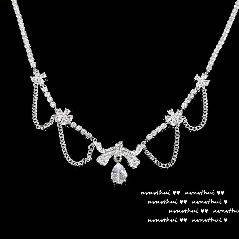 

Princess bow water drop gem necklace Brilliant butterfly flower tassel women romance neck chain