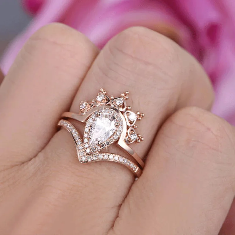 

Milangirl 2 Pcs/Set Simple Rose Gold Color Water Drop Crystal Zircon Womne's Metal Ring for Wedding Engagement Jewelry
