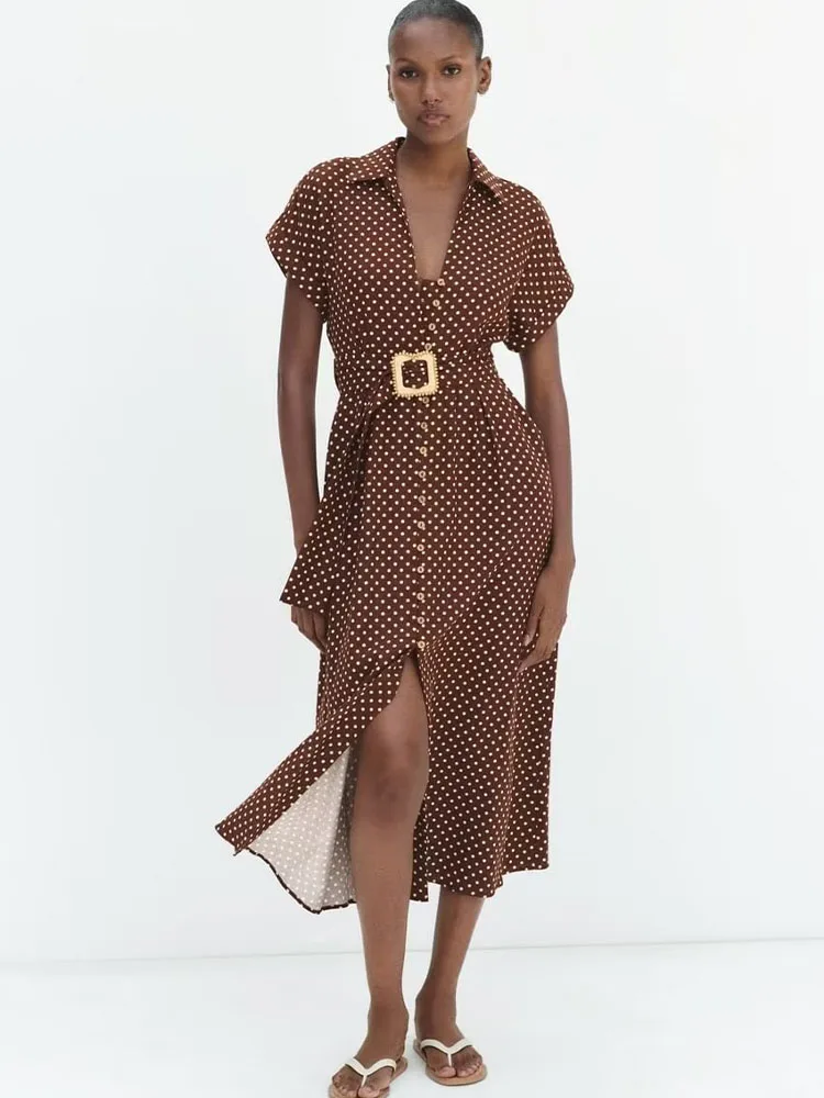 2023 Summer Fashion New Comfortable Linen Blend Short Sleeve Lapel Polka Dot Mid Length Dress Women Robe 
2023 Summer Fashion New Comfortable Linen Blend Short Sleeve Lapel Polka Dot Mid Length Dress Women Robe