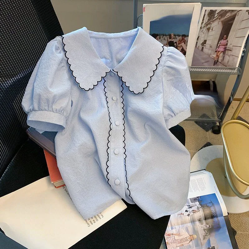 ace Peter Pan Collar Blouse Shirts Women 2022 New Summer Single Breasted Short Sleeve Ladies Tops Vintage Plaid Blusas
ace Peter Pan Collar Blouse Shirts Women 2022 New Summer Single Breasted Short Sleeve Ladies Tops Vintage Plaid Blusas