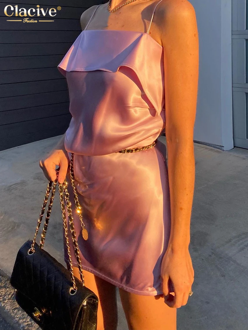 

Clacive Sexy Spaghetti Strap Pink Satin Dress Ladies Summer Bodycon Sleeveless Mini Dress Elegant Party Dresses For Women 2022