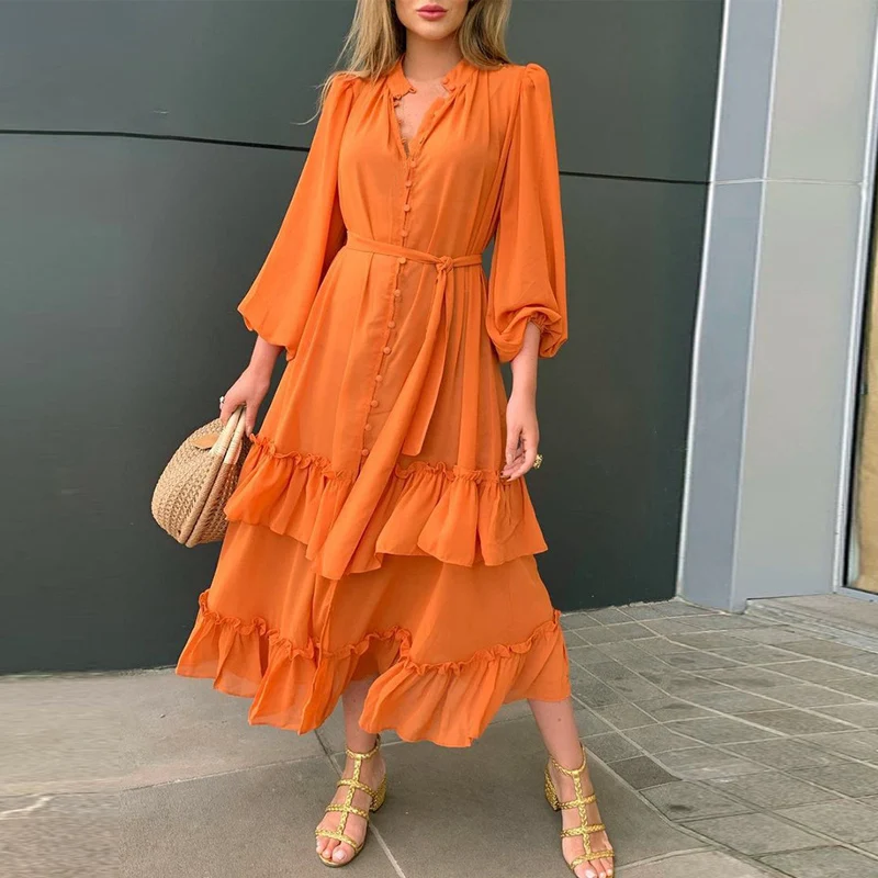 Spring V Neck Buttoned Tie-up Belted Long Dress Women Solid Ruffle A-Line Office Dress New Fashion Long Sleeve Boho Maxi Dresses
Spring V Neck Buttoned Tie-up Belted Long Dress Women Solid Ruffle A-Line Office Dress New Fashion Long Sleeve Boho Maxi Dresses