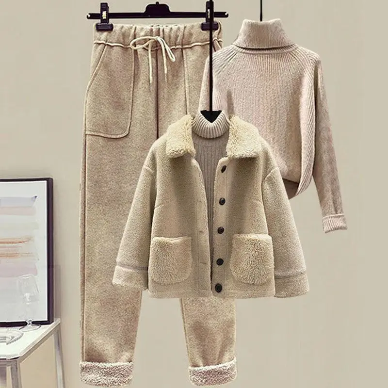 Winter Lamb Plush Coat Sweater Casual Pants Three-piece Set Women Fashion Solid Color Fleece Two Piece Sets Womens Outifits
Winter Lamb Plush Coat Sweater Casual Pants Three-piece Set Women Fashion Solid Color Fleece Two Piece Sets Womens Outifits