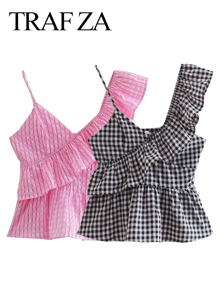 TRAF ZA Summer Women Sling Yarn-dyed Plaid Irregular Shoulder Straps Top Sleeveless Ruffles Cute Slim Sexy Country Style Fashion
TRAF ZA Summer Women Sling Yarn-dyed Plaid Irregular Shoulder Straps Top Sleeveless Ruffles Cute Slim Sexy Country Style Fashion