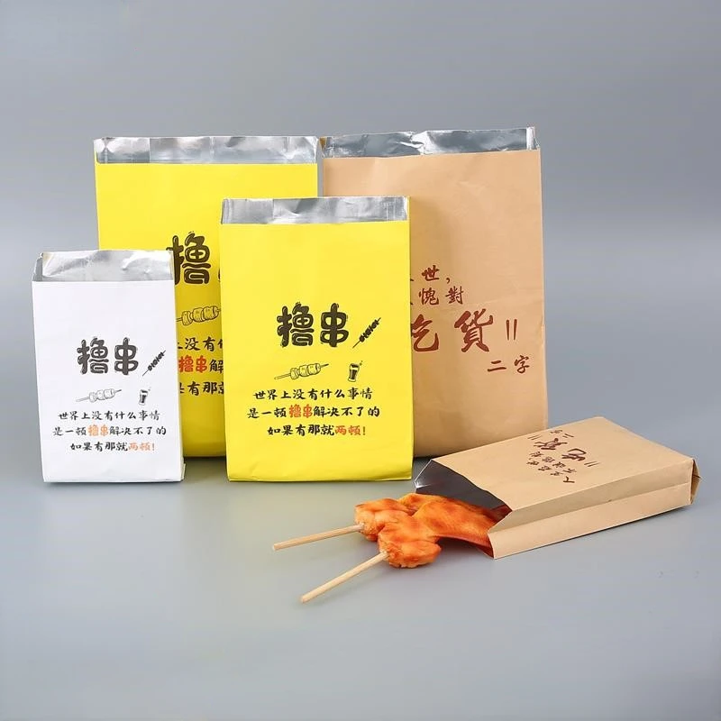

Insulated Tinfoil Bags Barbecue Packaging Bags Disposable Takeaway Fried Skewers Oil Resistant Kraft Paper Bags Customized