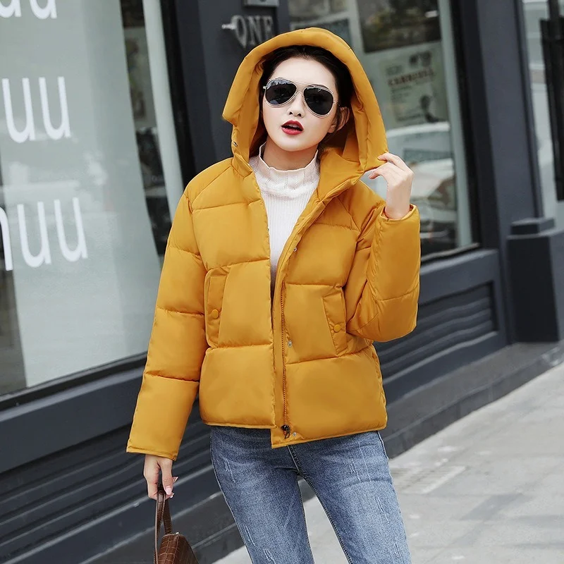 

Korean Fashion Winter Thicken Short Down Coat Office Lady Casual Commute Zipper Hooded Parkas Solid Colors Big Pocket Overcoats