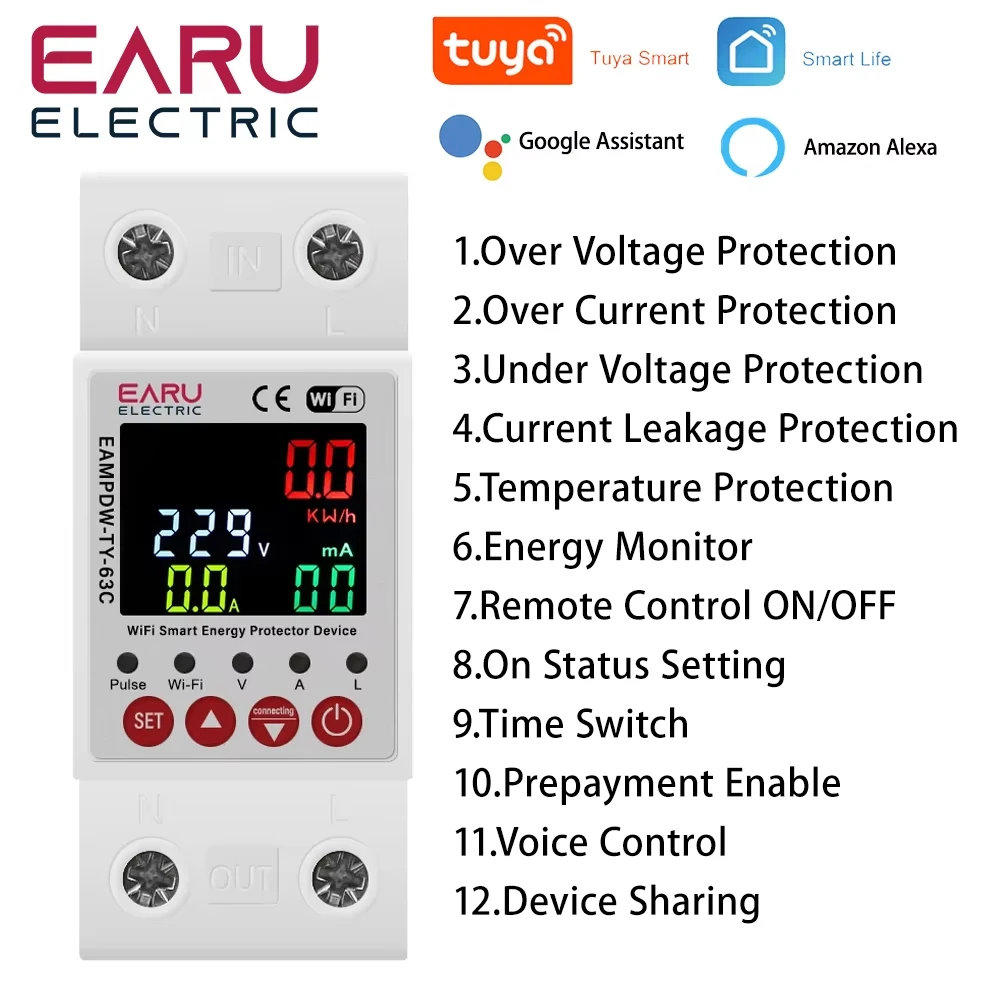 2P 63A TUYA APP WiFi Smart Energy Meter Схема утечки на землю Защита от пониженного напряжения Реле Устройство Выключатель Выключатель Счетчик кВтч 
2P 63A TUYA APP WiFi Smart Energy Meter Схема утечки на землю Защита от пониженного напряжения Реле Устройство Выключатель Выключатель Счетчик кВтч