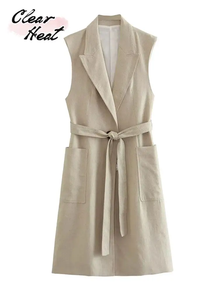 Fashion Sleeveless Lapel Coat With Belt Women Elegant Long Lady's Coat Pockets 2023 New Spring Office Female Trendy Streetwear
Fashion Sleeveless Lapel Coat With Belt Women Elegant Long Lady's Coat Pockets 2023 New Spring Office Female Trendy Streetwear
