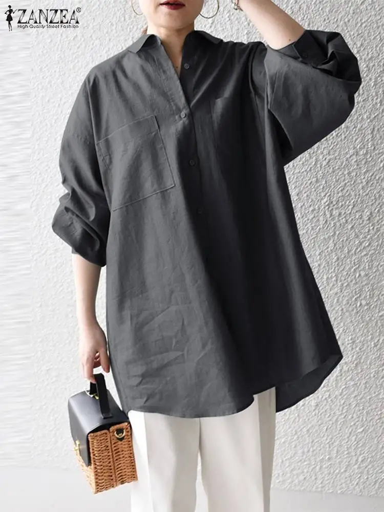 

Рубашка ZANZEA Женская с длинным рукавом, модная офисная туника с лацканами, однотонная элегантная на пуговицах, большие размеры, весна 2023