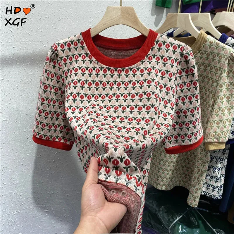 Fashion Womens Clothing Vintage Puff Sleeve Round Neck Pullover Knitted Printing T-shirt Top Summer Women All-match Short Sleeve
Fashion Womens Clothing Vintage Puff Sleeve Round Neck Pullover Knitted Printing T-shirt Top Summer Women All-match Short Sleeve