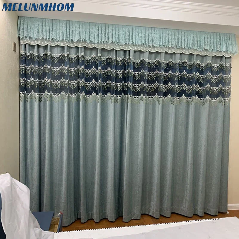 

Роскошные Синие шенилловые занавески Melunmhom для спальни, гостиной, виллы, тканевые шитья, тисненые вышитые занавески на заказ