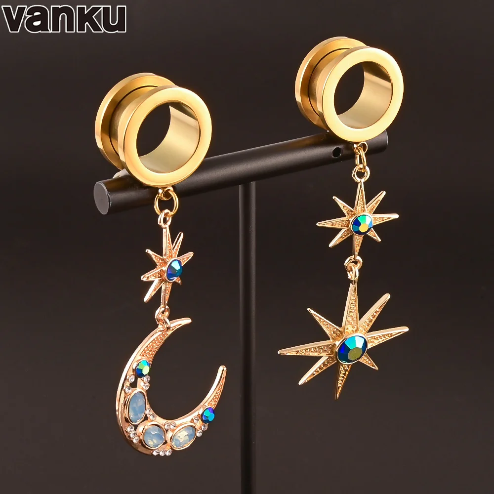 

Vanku 2Pcs Dilataciones Oreja Ear Piercing Body Jewelery Star Earrings Ear Plugs Tunnels Ear Expansions Gem Moon Dangle Pircings
