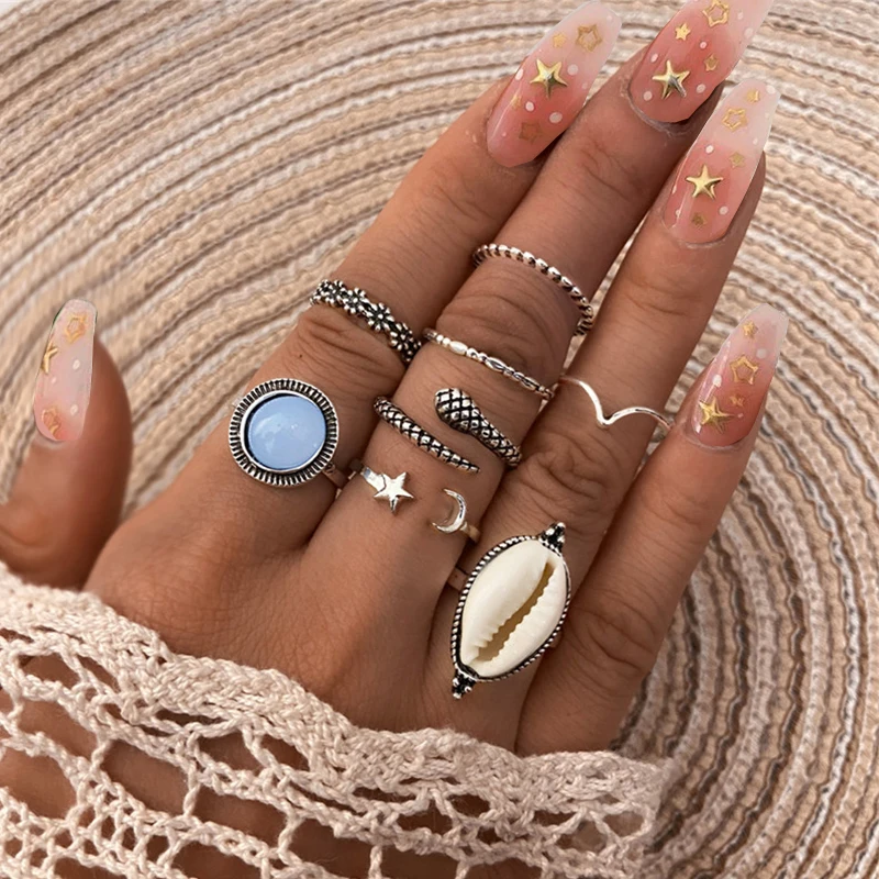 Ethnic Silver Color Snake Stone Big Shell Rings Set For Women Moon Knuckle Rings Finger Ring 2022 NEW Jewelry
Ethnic Silver Color Snake Stone Big Shell Rings Set For Women Moon Knuckle Rings Finger Ring 2022 NEW Jewelry