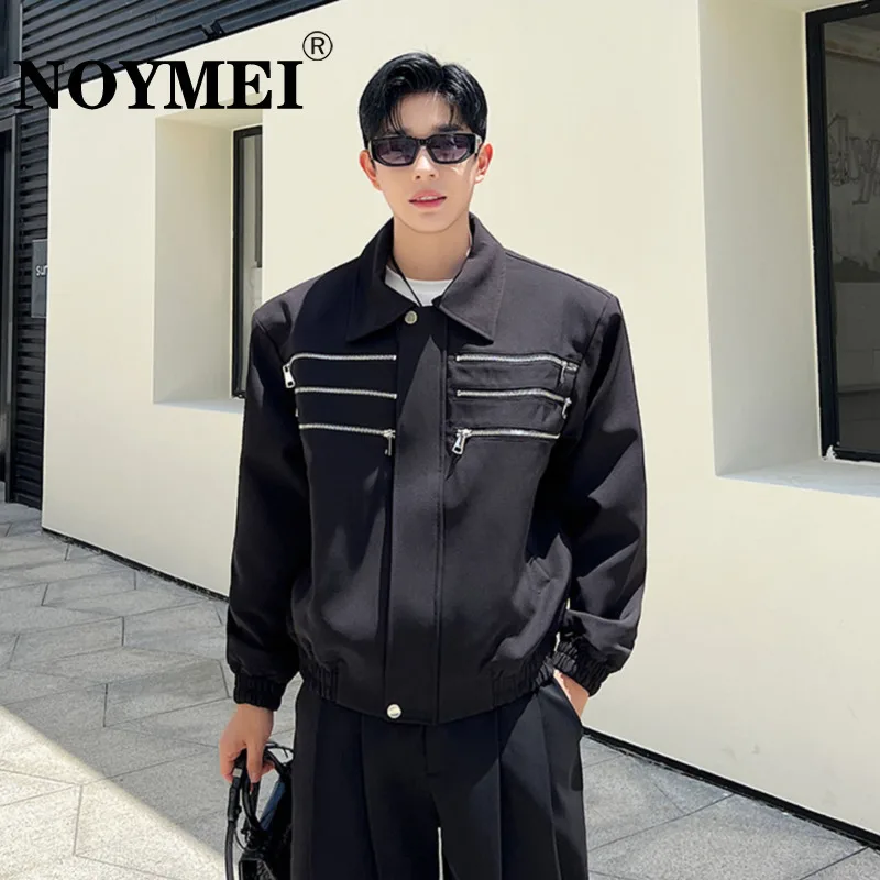 

NOYMEI Multi Metal Zipper Design Shoulder Pad Jacket Niche Structured Men's Black Coat Lapel Handsome Korean Style Chic WA2538