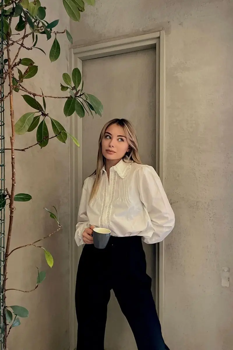 Women's white collar ribbed cotton woven shirt Esq7628
Women's white collar ribbed cotton woven shirt Esq7628