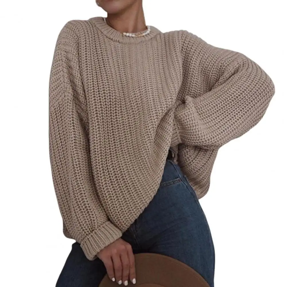 

Женский осенне-зимний свитер, уютный стильный женский осенне-зимний свитер свободного кроя с круглым вырезом и длинным рукавом, однотонный плотный вязаный свитер
