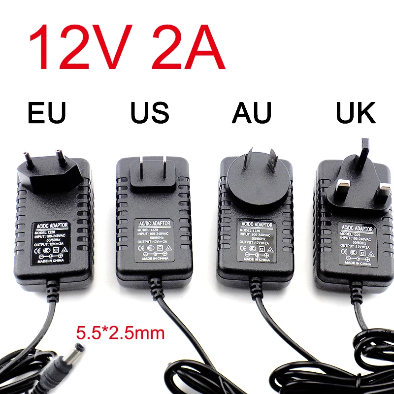 

Блок питания переменного тока 12 В, 2 А, 5050 мА, вилка стандарта ЕС, Великобритании, США, Австралии для светодиодной ленты 2835 5,5, адаптер для настенного зарядного устройства, разъем освещения 2,5 *