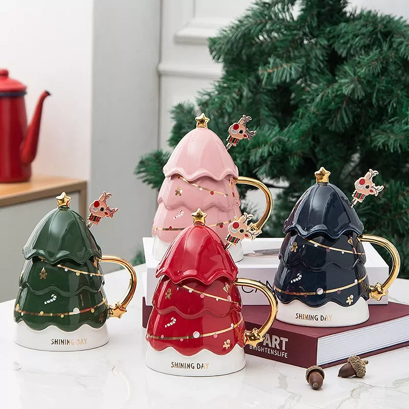 

Рождественская елка, керамические кружки, кофейное молоко, милые чашки с крышками, модная офисная чашка для эспрессо, чашки для латте