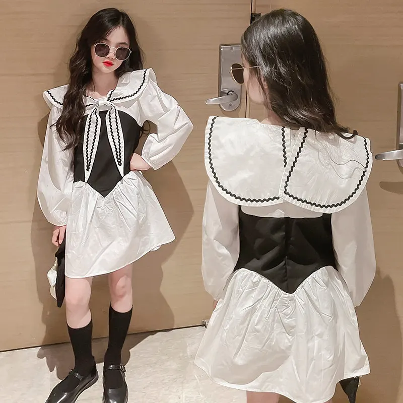 Shirt Dresses for Kids Mid-Length Fashion Patchwork Design Sailor Collar Girls Black White Long Sleeve School Children Clothes
Shirt Dresses for Kids Mid-Length Fashion Patchwork Design Sailor Collar Girls Black White Long Sleeve School Children Clothes