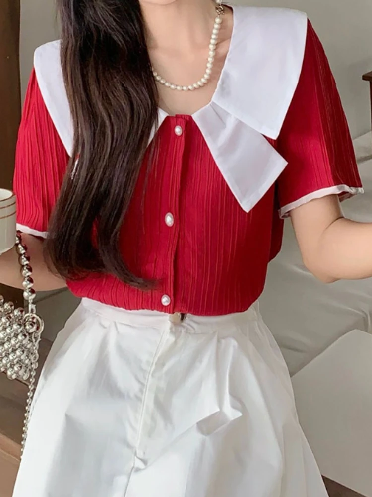 2022 French Contrast Short Sleeve Shirt Top Lolita Style Sweet Girl Sailor Collar Shirt Gentle Fairy Chiffon Blouse Woman Tops
2022 French Contrast Short Sleeve Shirt Top Lolita Style Sweet Girl Sailor Collar Shirt Gentle Fairy Chiffon Blouse Woman Tops