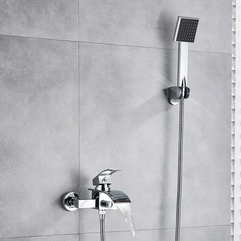 

Black Waterfall Bathtub Faucet Wall Mount Waterfall Tub Spout Hot Cold Water With ABS Handshower Mixer Tap Bath Shower Faucet