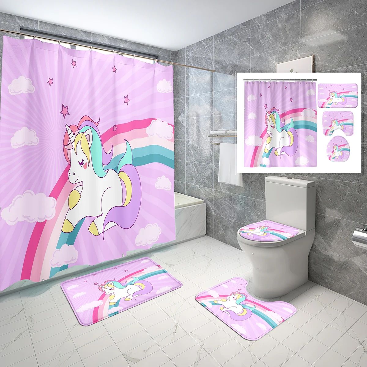 Cartoon Unicorn Rainbow Shower Curtain Sets Girls Cute Non-slip Bath Mat Toilet Lid Mat Waterproof Shower Curtain Set Decoration
Cartoon Unicorn Rainbow Shower Curtain Sets Girls Cute Non-slip Bath Mat Toilet Lid Mat Waterproof Shower Curtain Set Decoration