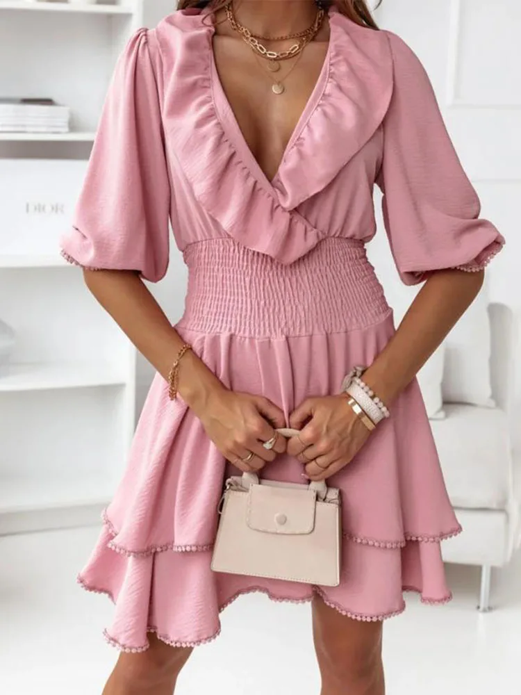 Women Fashion Black Pink V Neck Ruffles Mini Dress Summer Elegant Puff Sleeve Elastic Waist Sweet Casual Ladies Dresses Female
Women Fashion Black Pink V Neck Ruffles Mini Dress Summer Elegant Puff Sleeve Elastic Waist Sweet Casual Ladies Dresses Female