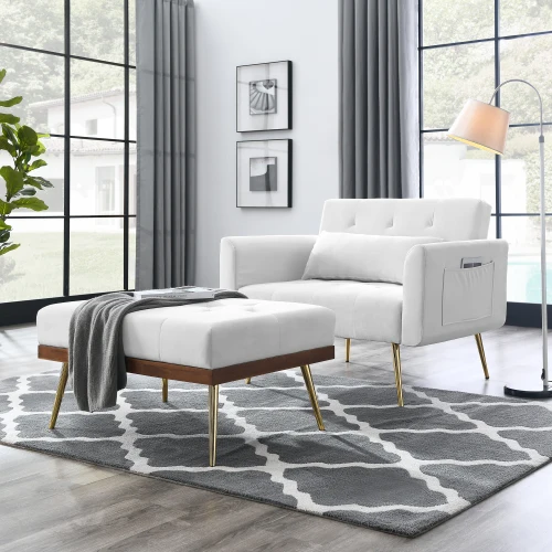 Recline Sofa Chair with Ottoman, Two Arm Pocket and Wood Frame include 1 Pillow, White (40.5”x33”x32”)
Recline Sofa Chair with Ottoman, Two Arm Pocket and Wood Frame include 1 Pillow, White (40.5”x33”x32”)