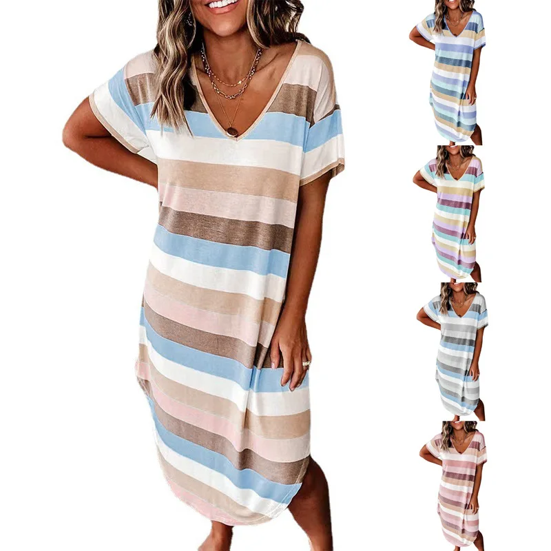 Summer Dress 2022 Long Dress Women Dress Striped Short Sleeve Casual Sexy Dress S-3XL 
Summer Dress 2022 Long Dress Women Dress Striped Short Sleeve Casual Sexy Dress S-3XL