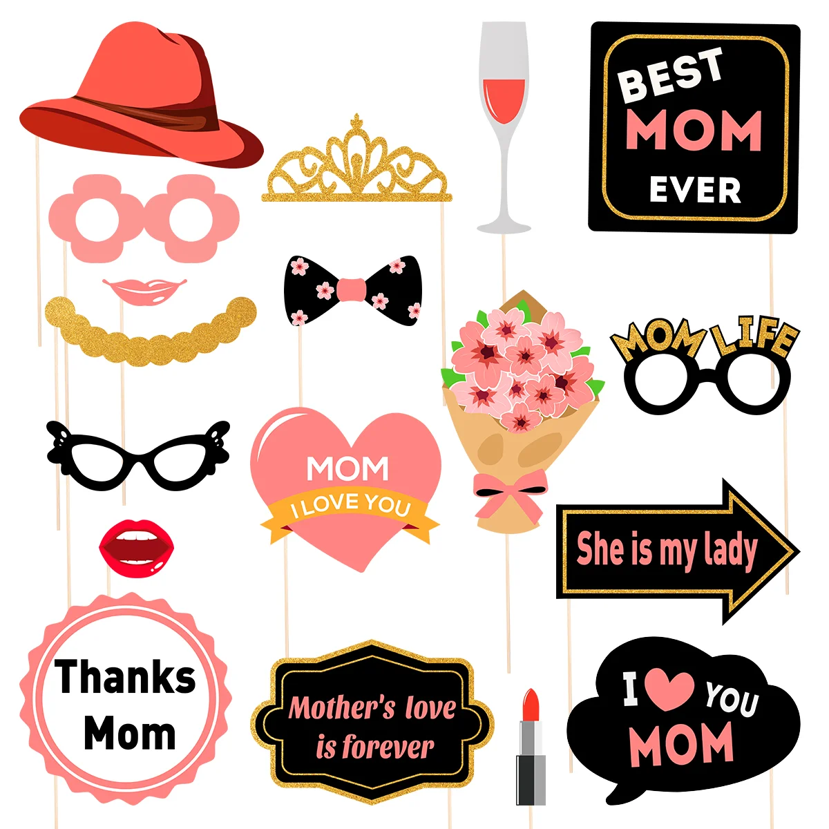 

18PCS Photo Booth Props Mom Mothers Day Decoration Photo Booth Props for Mom Birthday Party Selfie Dress- Up Props