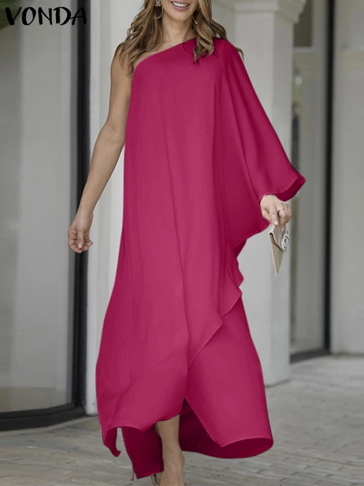 

VONDA Sexy Maxi Dress Women Elegant One Shoulder Party Sundress 2023 Summer Solid Skew Collar Asymmetrical Ruffled Long Robe