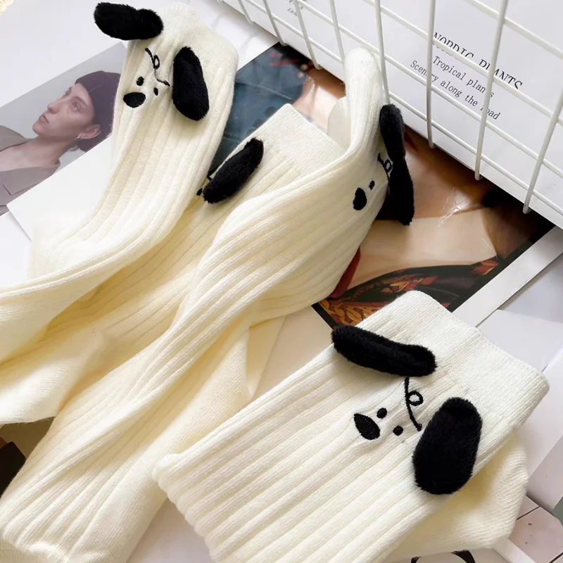 

1 Pair Kawaii 3D Eared Puppy Dog Socks Women Men Cotton Middle Tube Cute Funny Socks Harajuku Japanese Fashion White Floor Sock