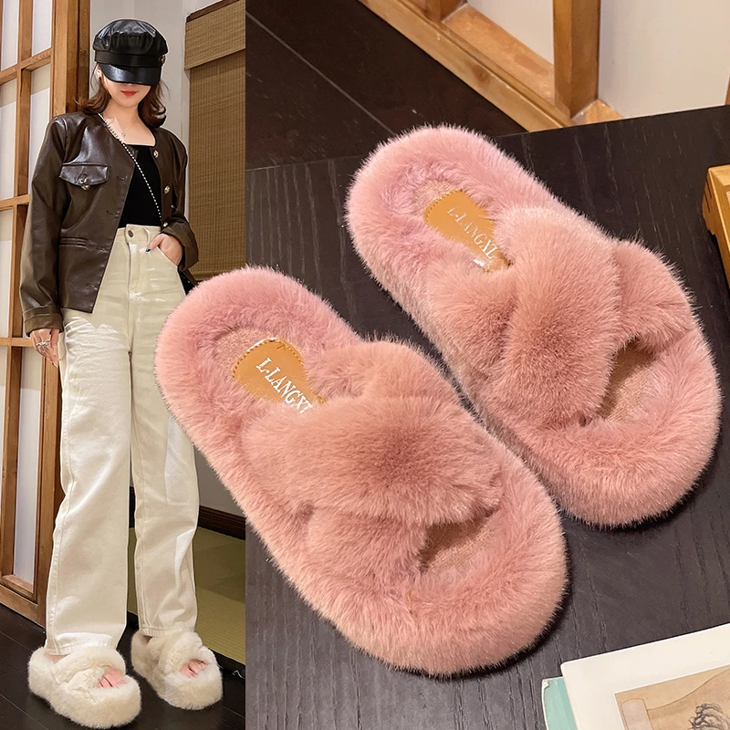 

Fluffy Slippers Thick Bottom Female 2023 New Fashion Autumn/ Winter Large Size One Word Indoor Warm Cotton Mop Female Wholesale