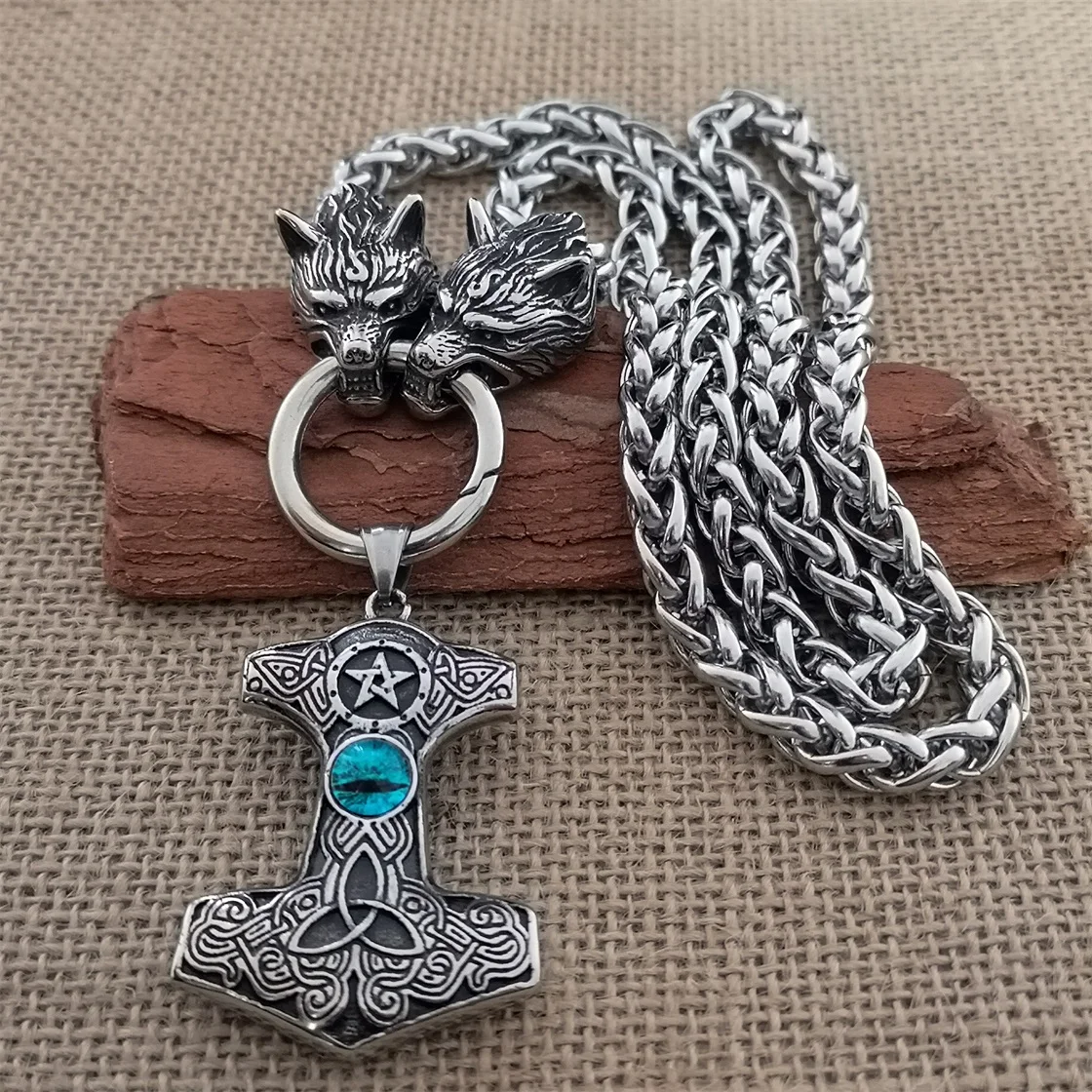 Viking Thor Thor's Hammer Opal Pendant Nordic Stainless Steel Wolf Head Chain Necklace Viking Men's Punk Gothic Jewelry 
Viking Thor Thor's Hammer Opal Pendant Nordic Stainless Steel Wolf Head Chain Necklace Viking Men's Punk Gothic Jewelry
