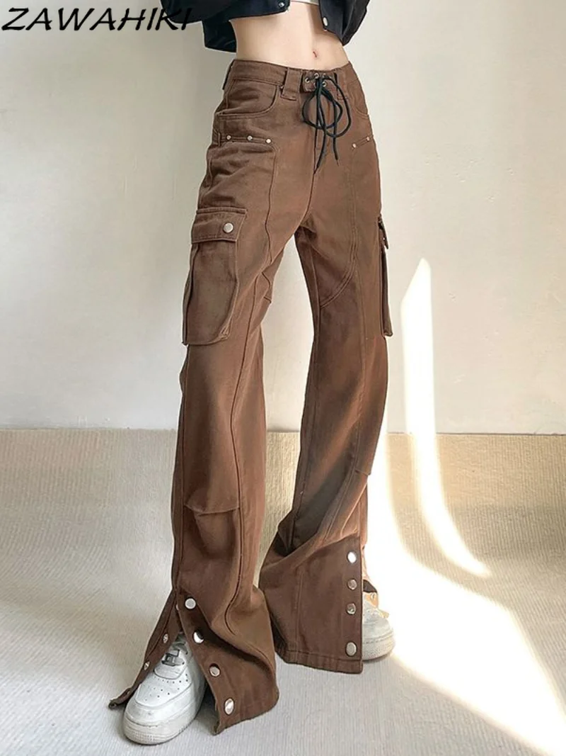 Vintage Cargo Pants Baggy Jeans Women 90s Streetwear Pockets Wide Button-up Slit Leg High Waist Straight Y2k Denim Trousers
Vintage Cargo Pants Baggy Jeans Women 90s Streetwear Pockets Wide Button-up Slit Leg High Waist Straight Y2k Denim Trousers